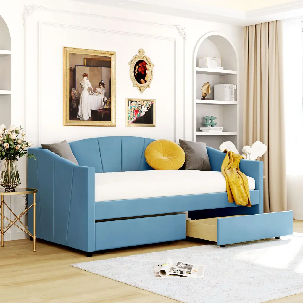 Upholstered Daybed Twin Two Drawers and Wood Slat Blue lucky furniture