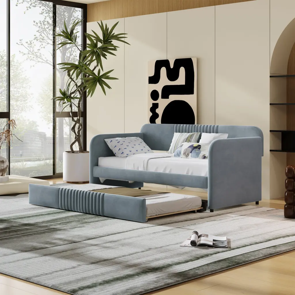 Upholstered Twin Daybed Trundle And Wood Slat Support lucky furniture