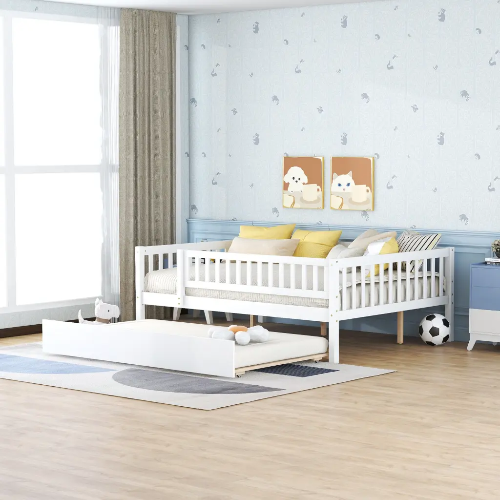 White Full Wood Daybed Trundle And Fence Guardrails lucky furniture