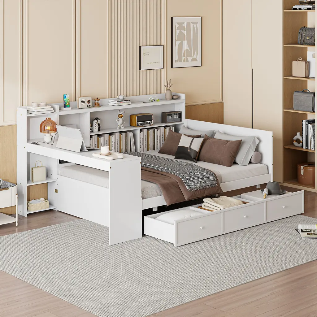 Full Size Wooden Daybed 3 Drawers USB Ports And Desk White lucky home