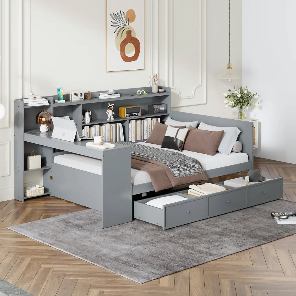 Full Size Wooden Daybed 3 Drawers USB Ports and Desk Gray lucky home