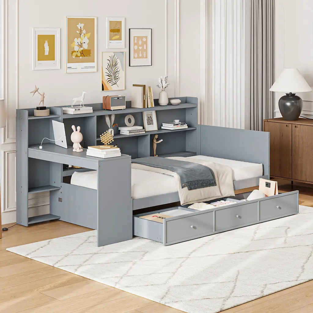 Twin Size Wooden Daybed 3 Drawers USB Ports And Desk Gray lucky home