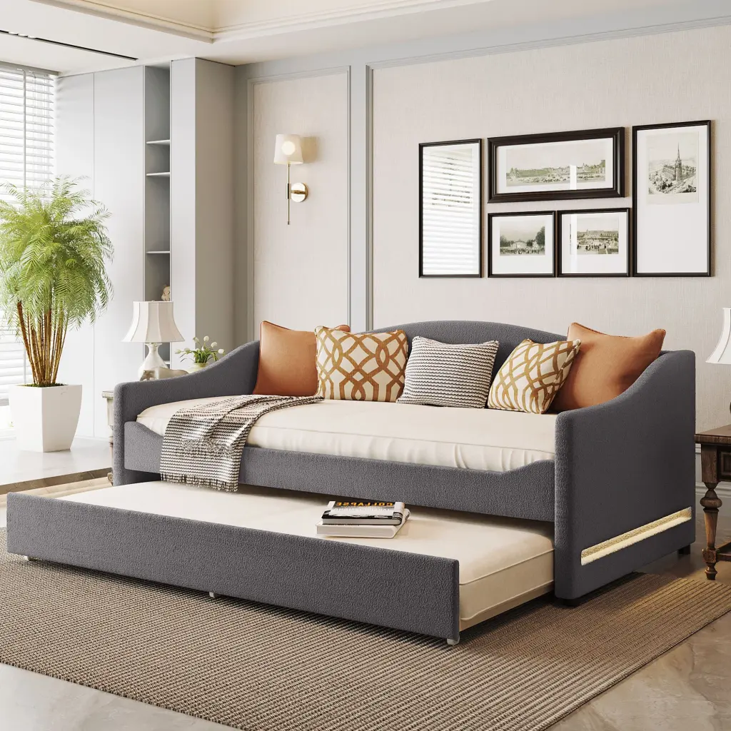 Teddy Fleece Twin Dimensions Upholstered Daybed Light And Trundle Gray lucky world