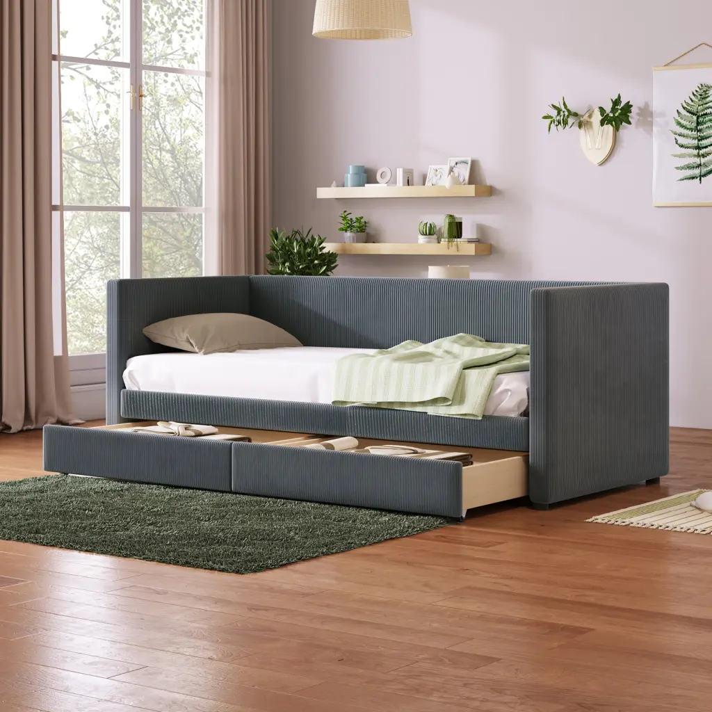 Twin Corduroy Daybed Two Drawers And Wood Slat Gray Gray lucky world