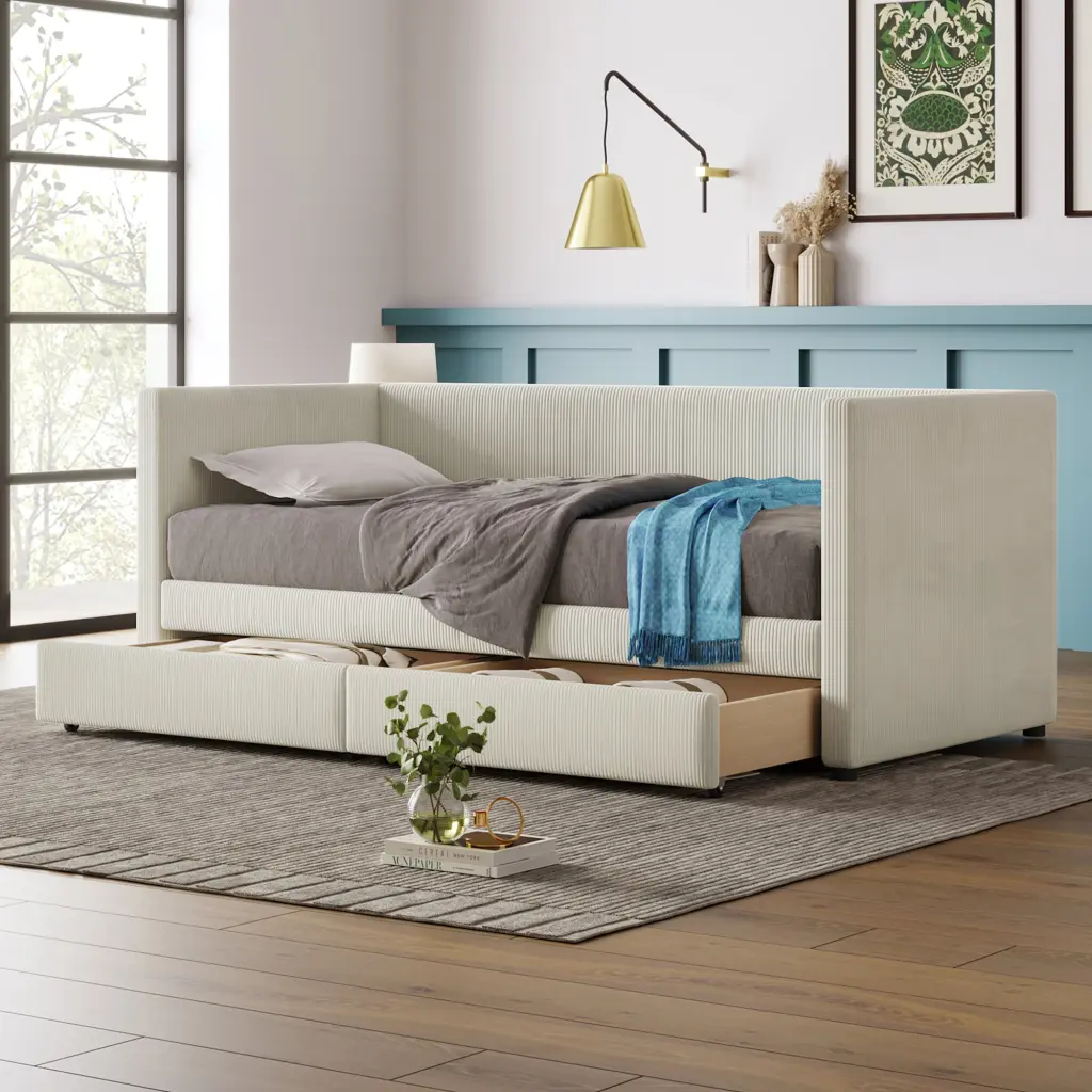 Twin Corduroy Daybed Two Drawers and Wood Slat Beige lucky world