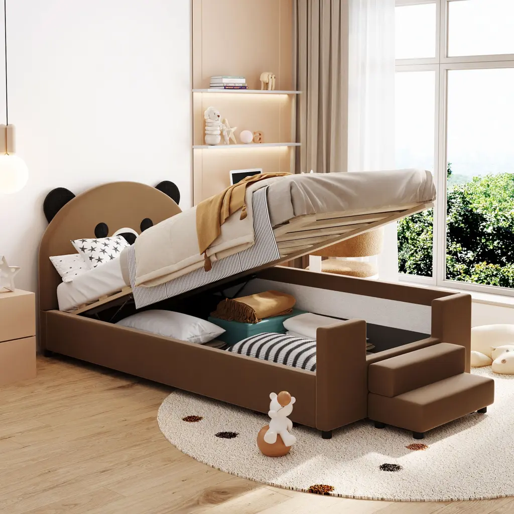 Twin Dimensions Upholstered Daybed Bear Shaped Headboard Hydraulic System lucky world