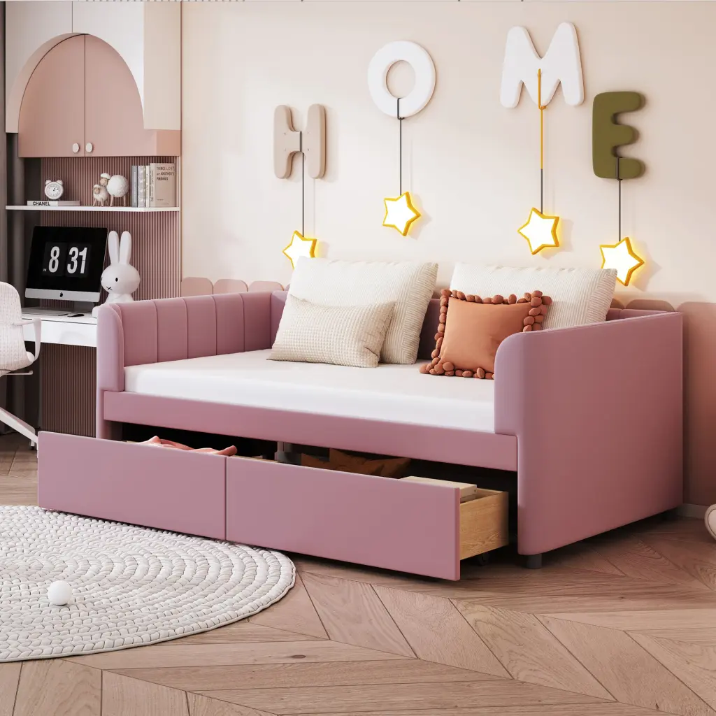 Twin Dimensions Upholstered Daybed Comfort-fit Design Backrest and 2 Drawers lucky world