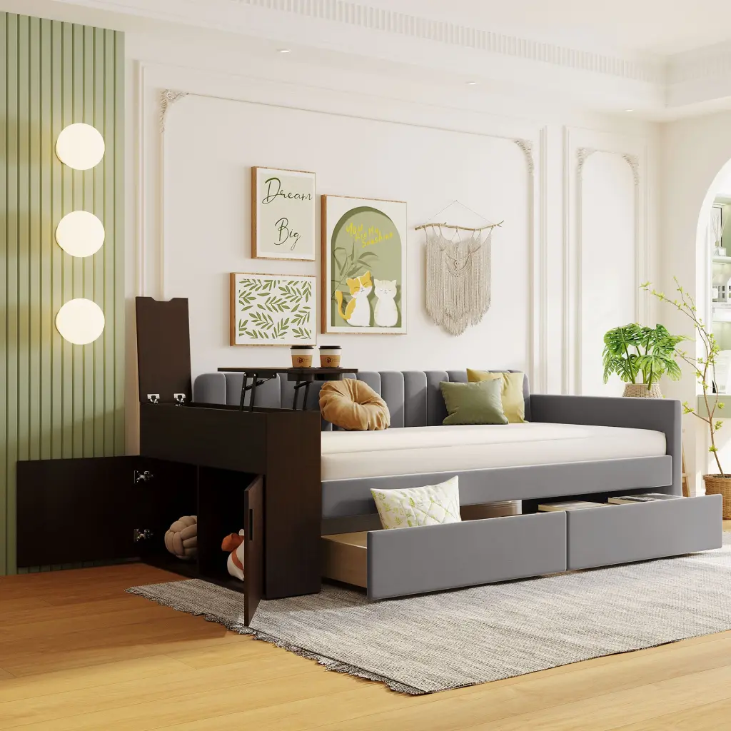 Twin Dimensions Upholstered Daybed Storage Armrest And 2 Drawers lucky world