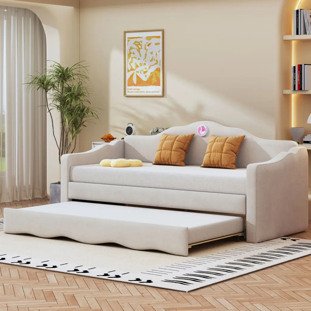 Twin Dimensions Upholstered Daybed Wave Shaped Trundle Beige Velvet Sofa Bed lucky world