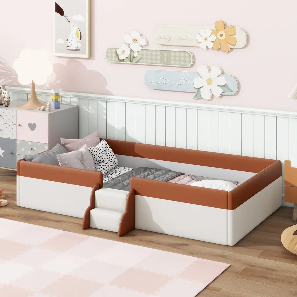 Twin Size Upholstered Daybed Frame Fence And Stairs Brown White lucky world