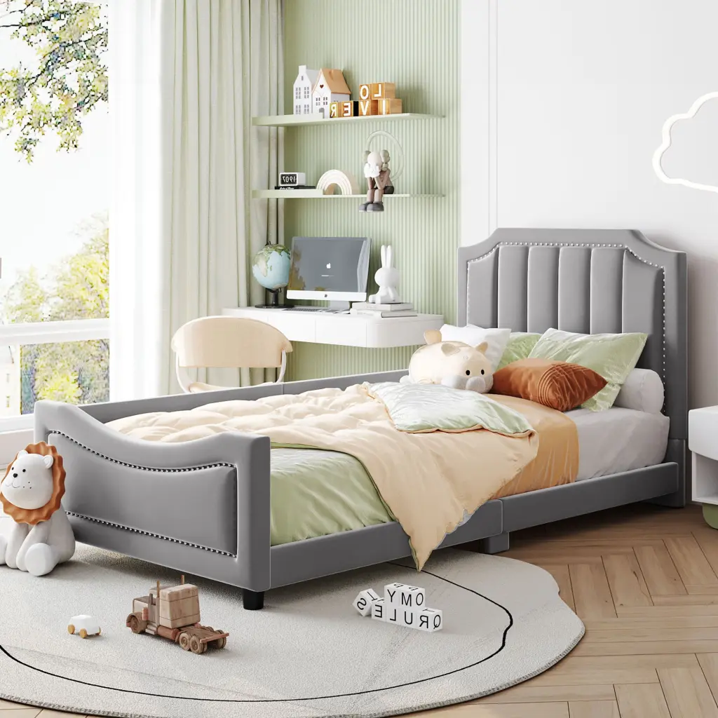 Twin Size Upholstered Daybed Stripe Headboard Gray lucky world