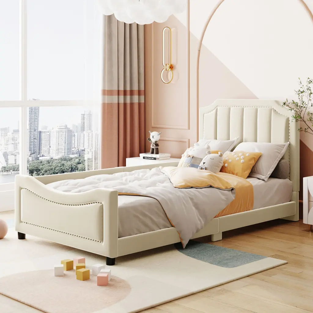 Twin Size Upholstered Daybed Timeless Stripe Influenced Headboard Beige lucky world