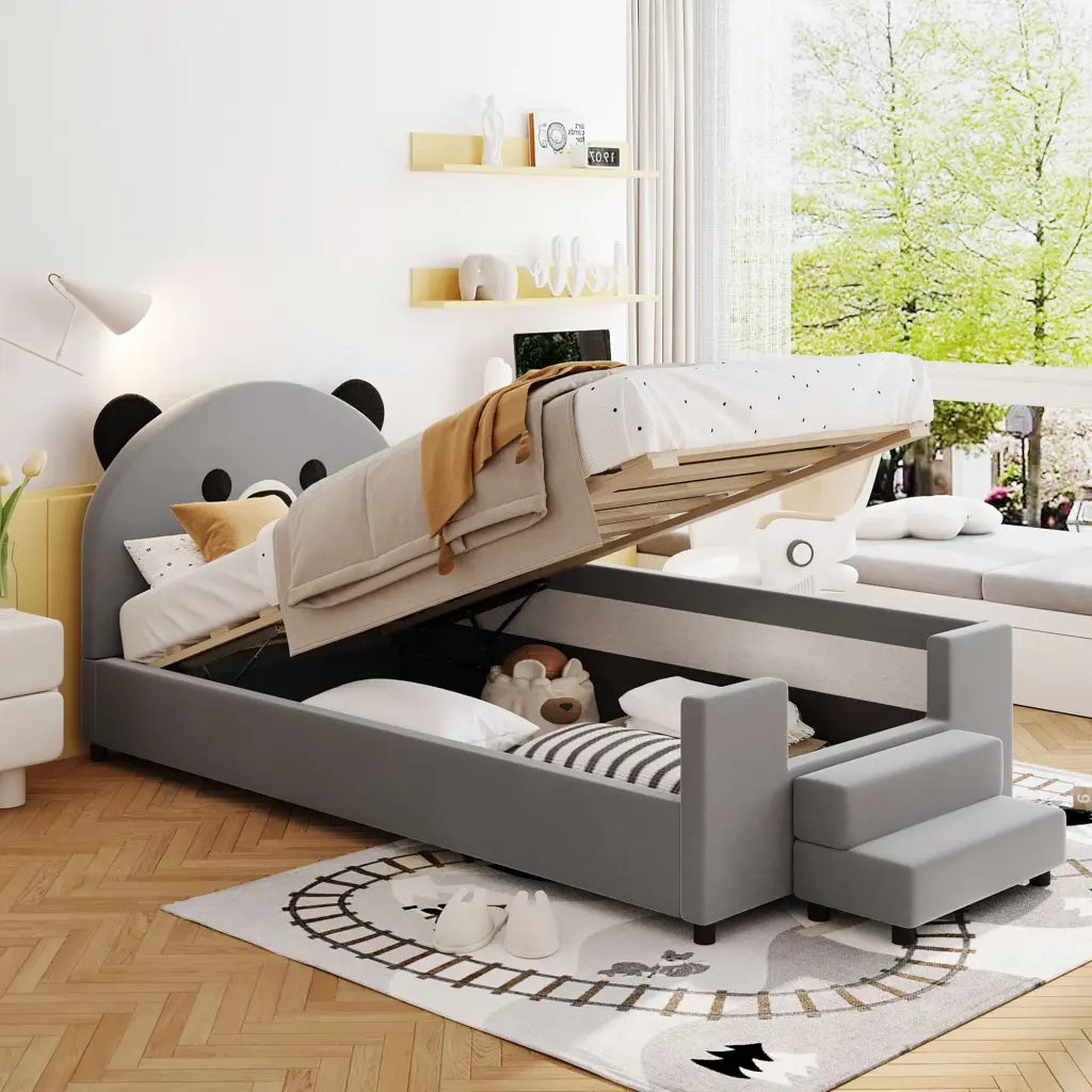 Twin Upholstered Daybed Bear Influenced Headboard - Hydraulic Storage System lucky world