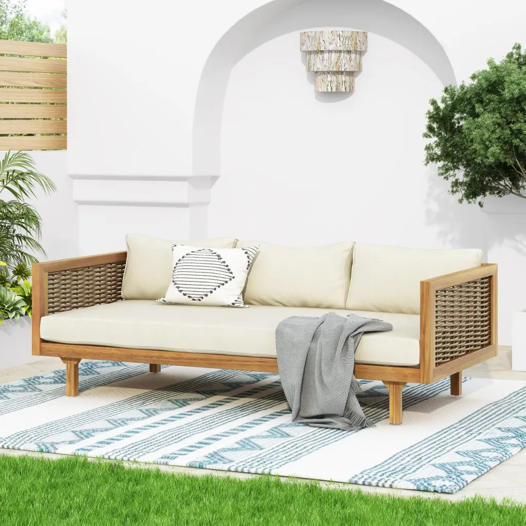 Claremont 3 Seater Daybed Rattan Arms and Beige Cushion Teak Frame nh-cloudhouse