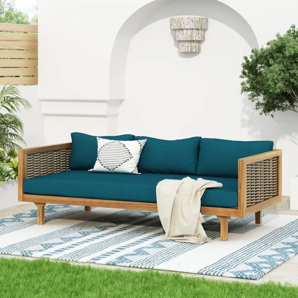 Claremont 3 Seater Daybed Rattan Arms Teak Cushion Fabric nh-cloudhouse