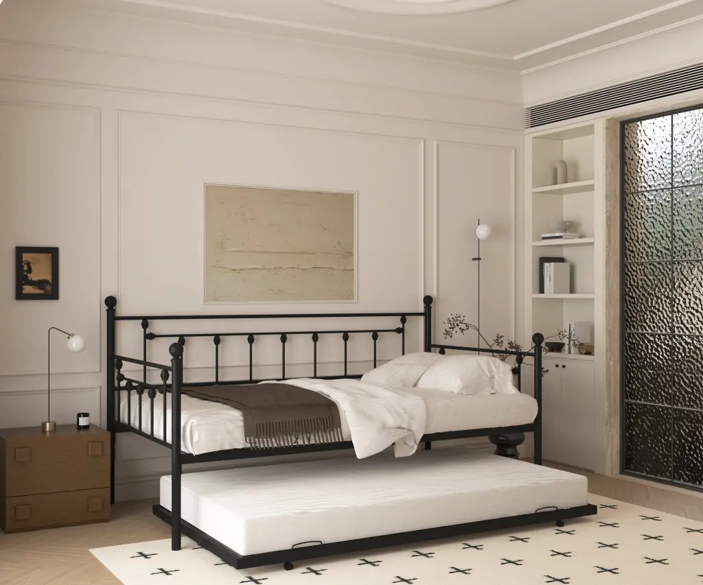 Metal Daybed Twin Size Trundle Black Iron Frame Guest Bed rnb