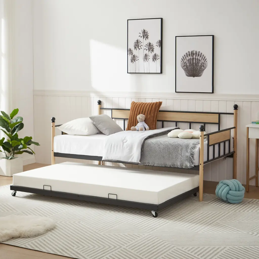 Metal Framed Daybed Sofa Bed Trundle Twin Size Black 77 Inch rnb