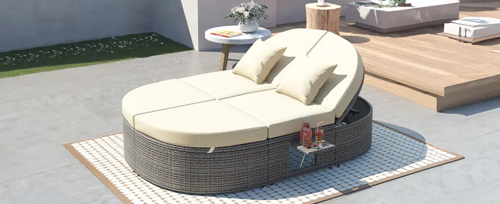 Outdoor Sun Bed Patio 2 Person Daybed Cushions and Pillows Rattan rnb