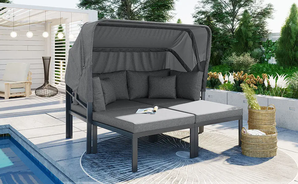 3 Piece Patio Daybed Retractable Canopy Outdoor Metal Sectional Set rnb