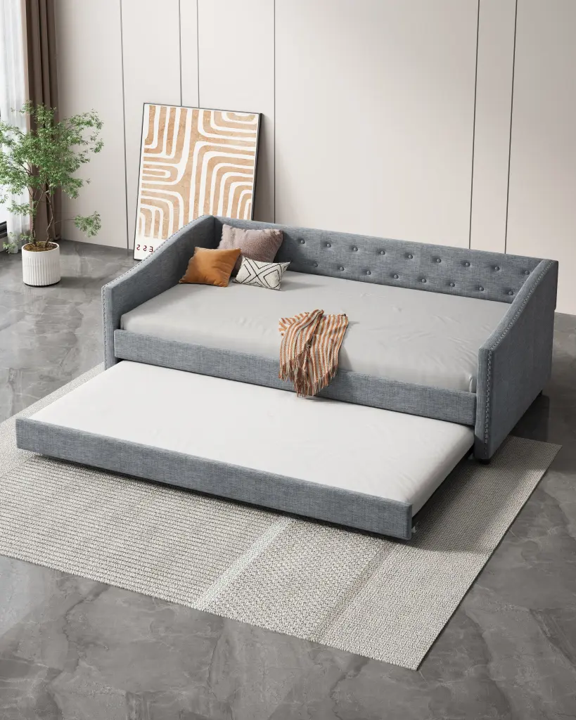Twin Size Daybed Twin Size Trundle Upholstered Tufted Sofa Bed White rnb