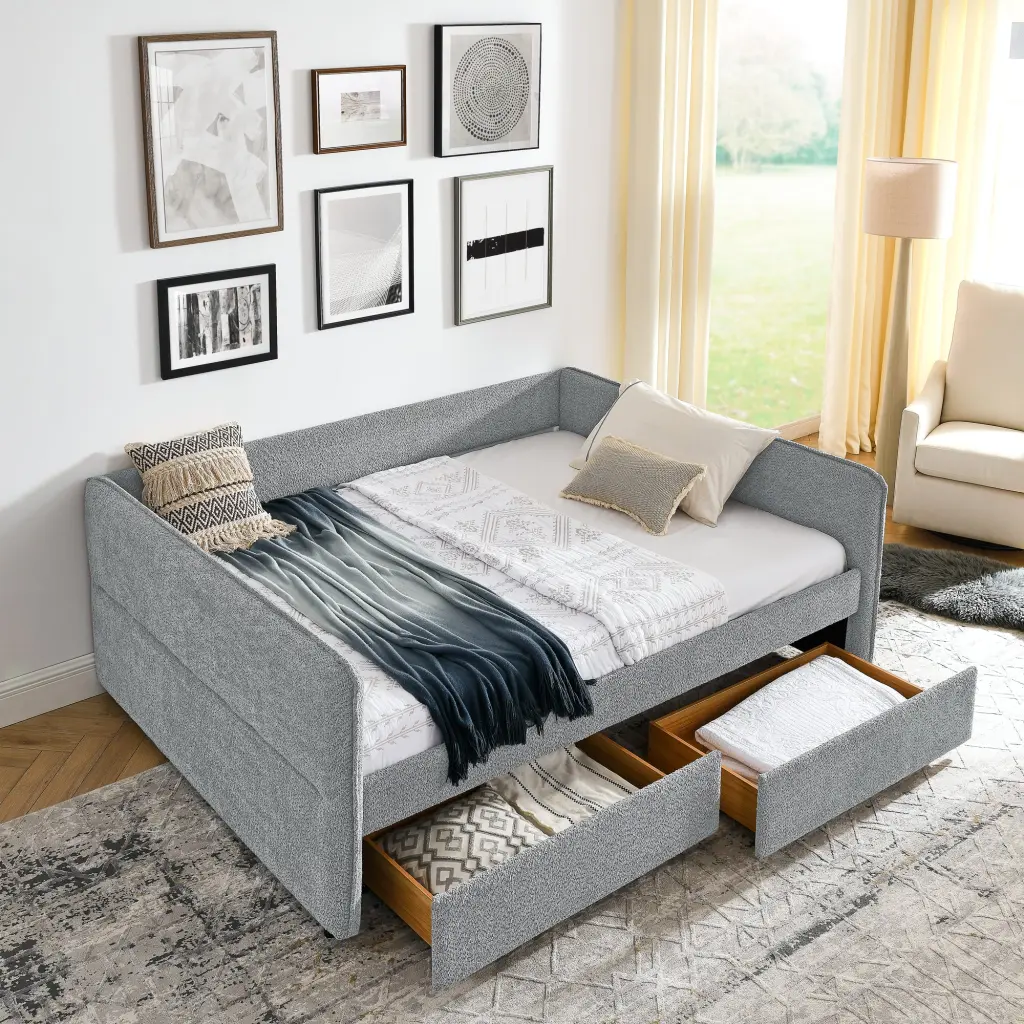 Daybed Trundle Upholstered Tufted Sofa Bed and Two Drawers Queen Size royal star
