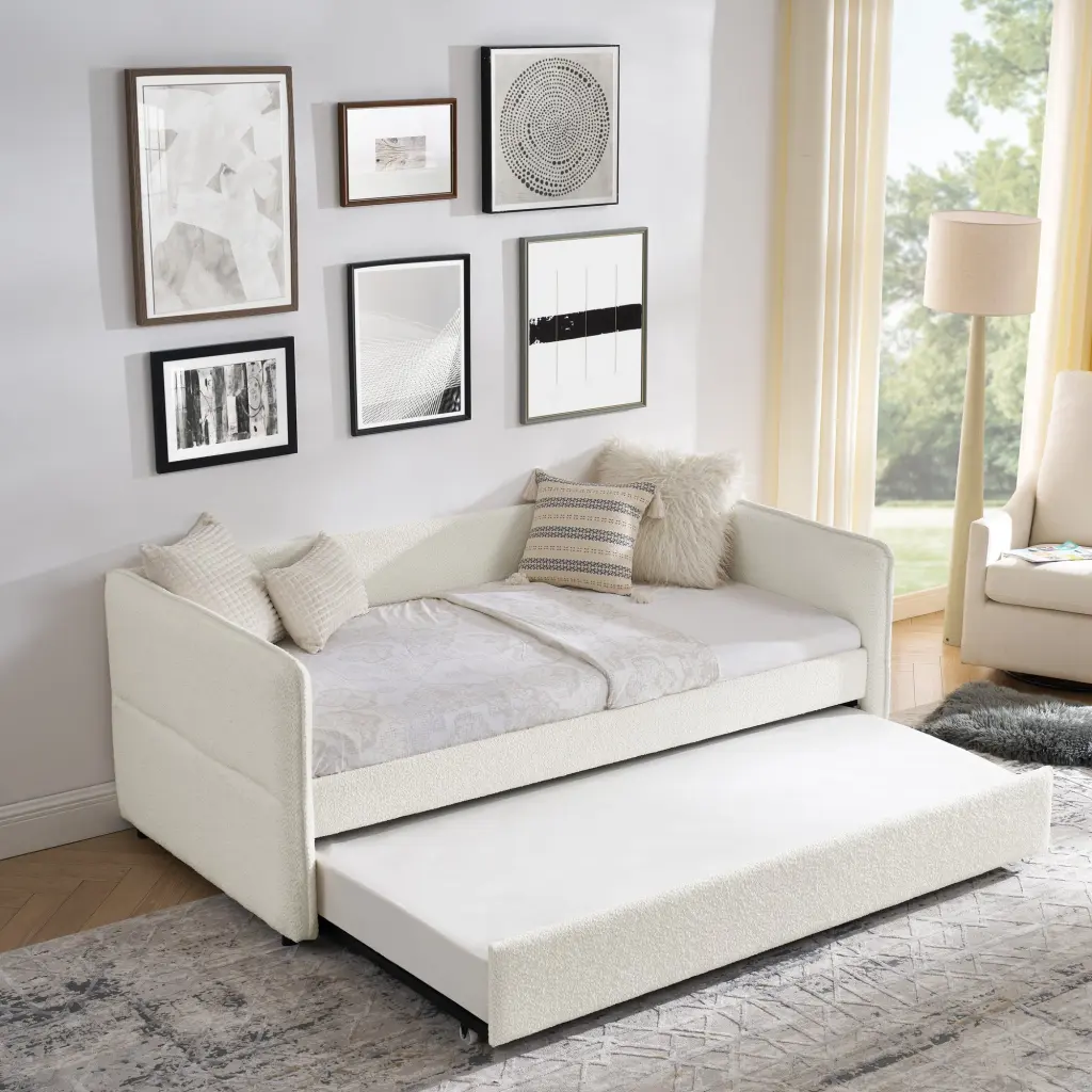 Daybed Trundle Upholstered Tufted Sofa Bed Twin Size Boucle Fabric royal star