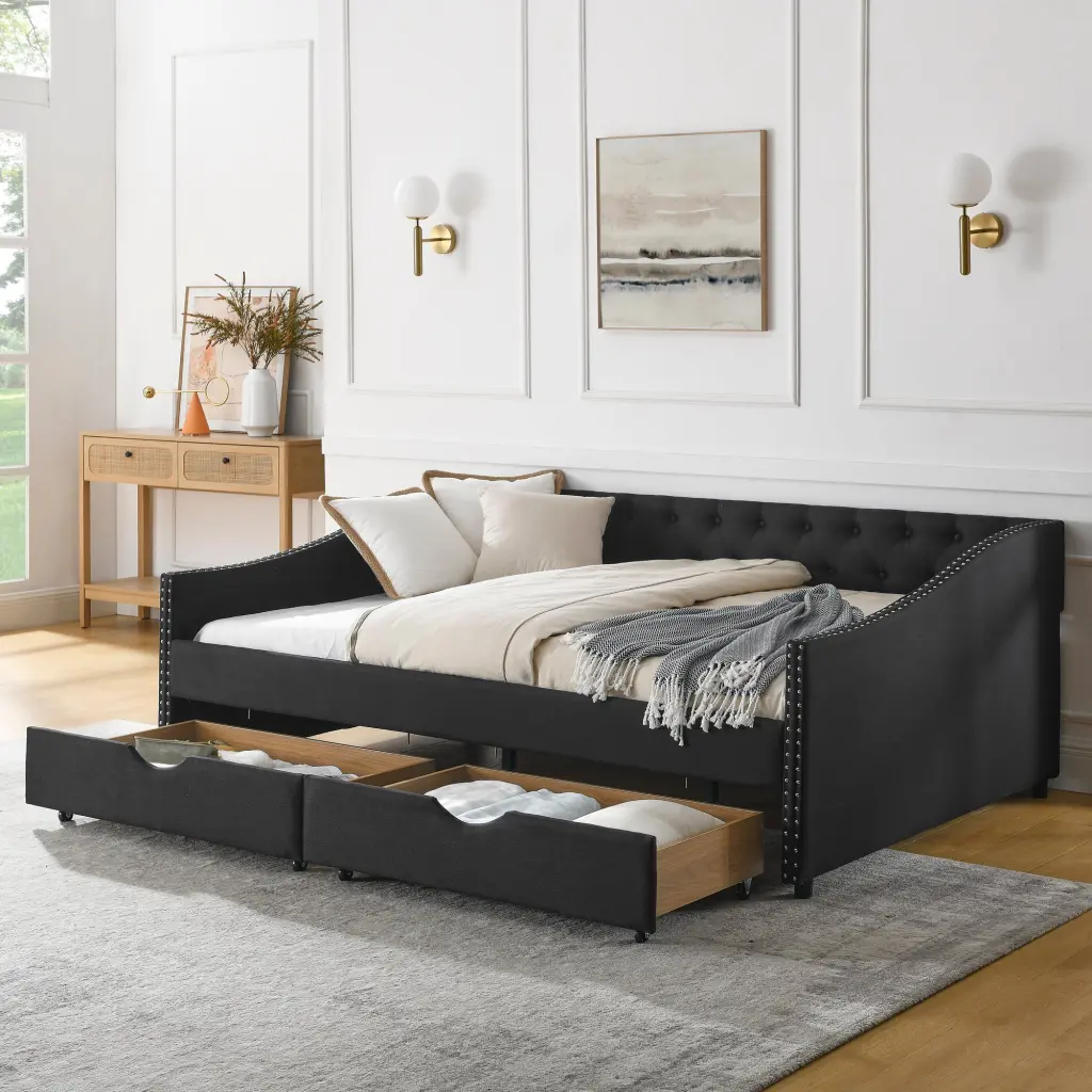 Full Size Daybed Drawers Upholstered Tufted Sofa Bed Button Design royal star