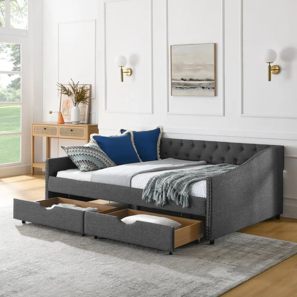 Full Size Daybed Drawers Upholstered Tufted Sofa Bed Button royal star