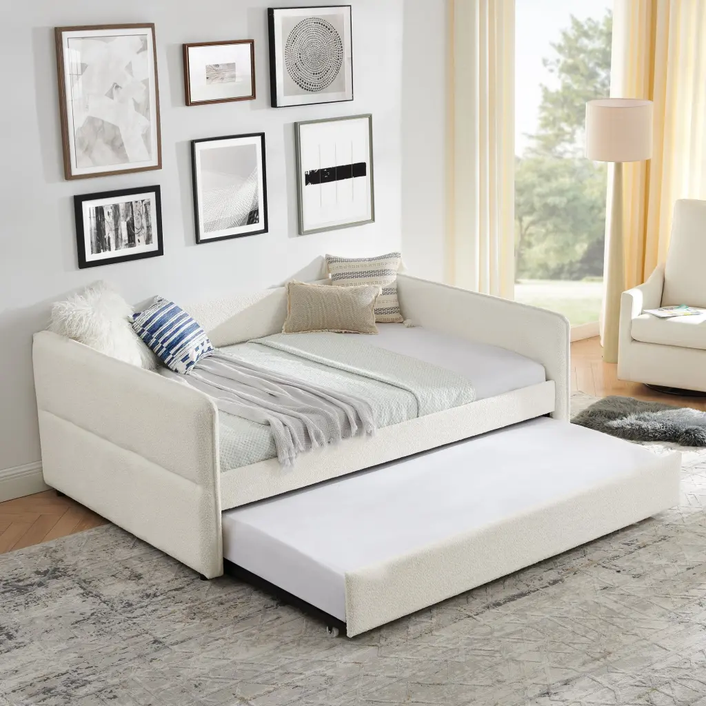 Full Size Daybed Trundle Upholstered Tufted Sofa Bed Boucle Fabric royal star
