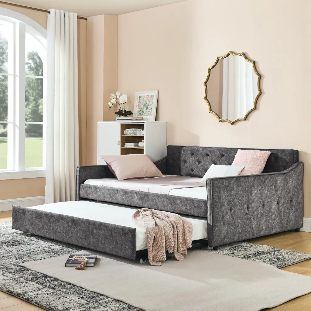 Full Size Upholstered Tufted Daybed Twin Size Trundle royal star
