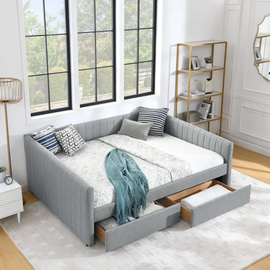 Queen Size Daybed Two Drawers and Trundle Upholstered Sofa Bed Guest Room royal star