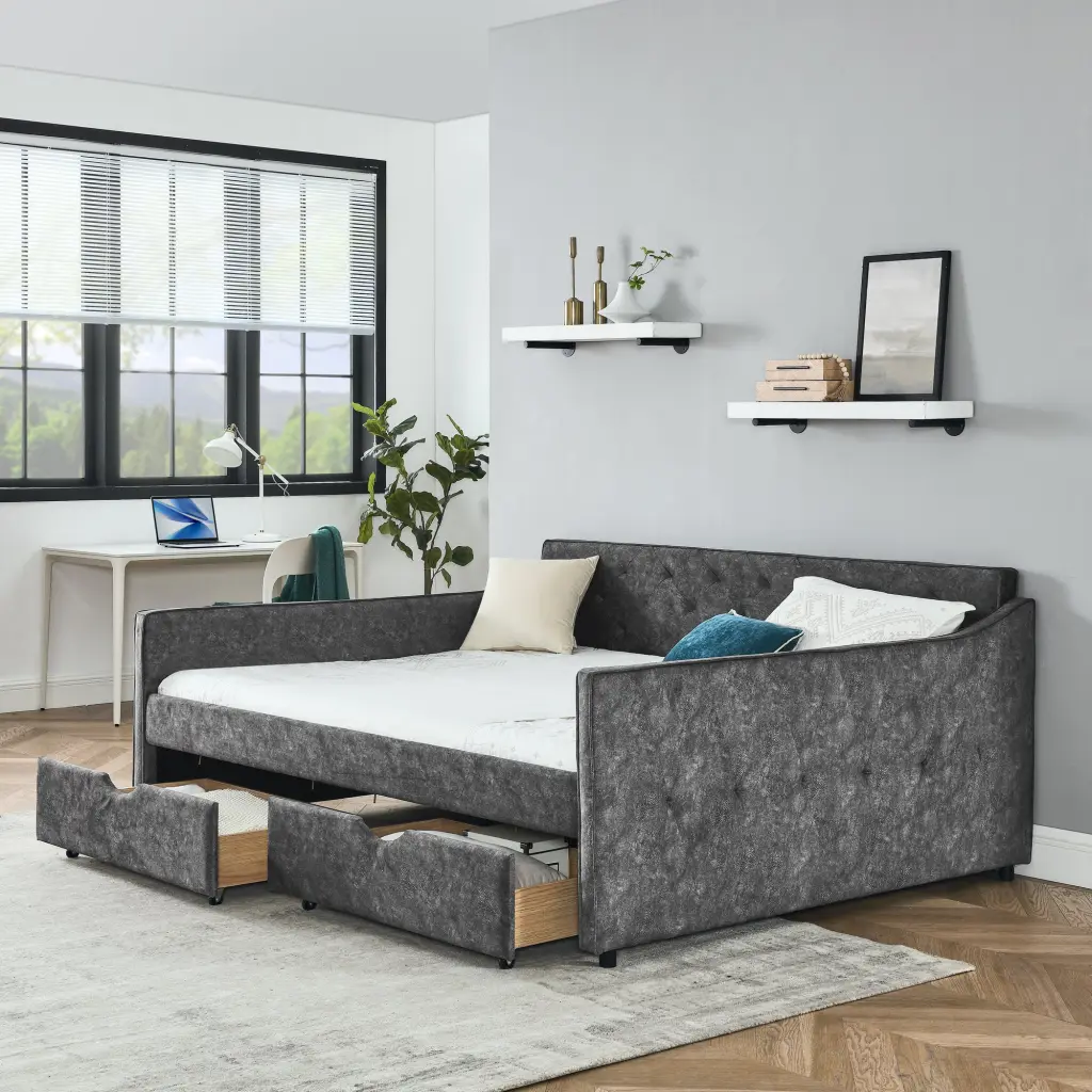 Queen Size Upholstered Tufted Daybed Drawers and Button Details royal star