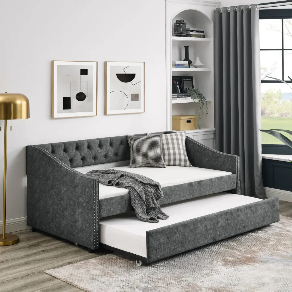Twin Size Daybed Trundle Upholstered Tufted Sofa Bed White royal star