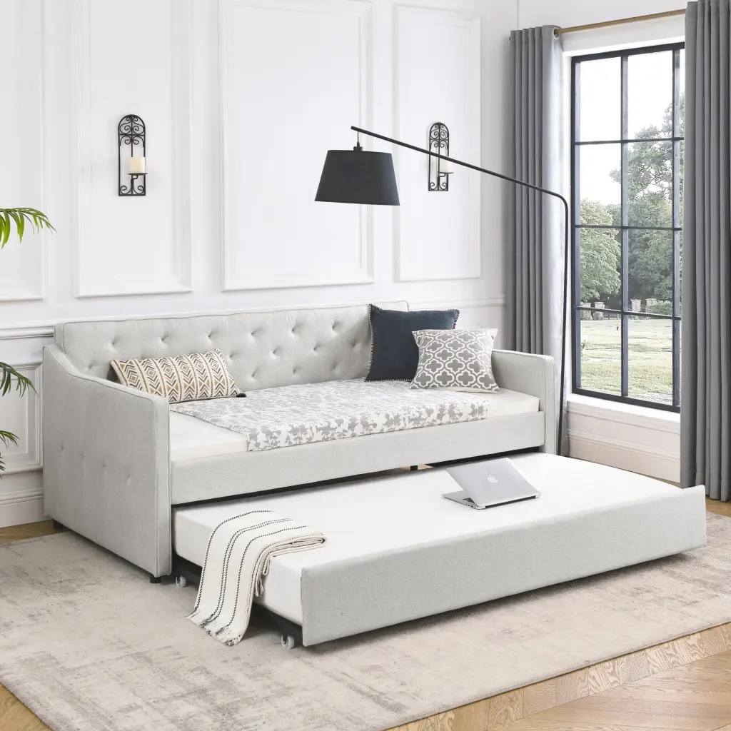Twin Size Daybed Trundle Upholstered Tufted Sofa Bed White Fabric royal star