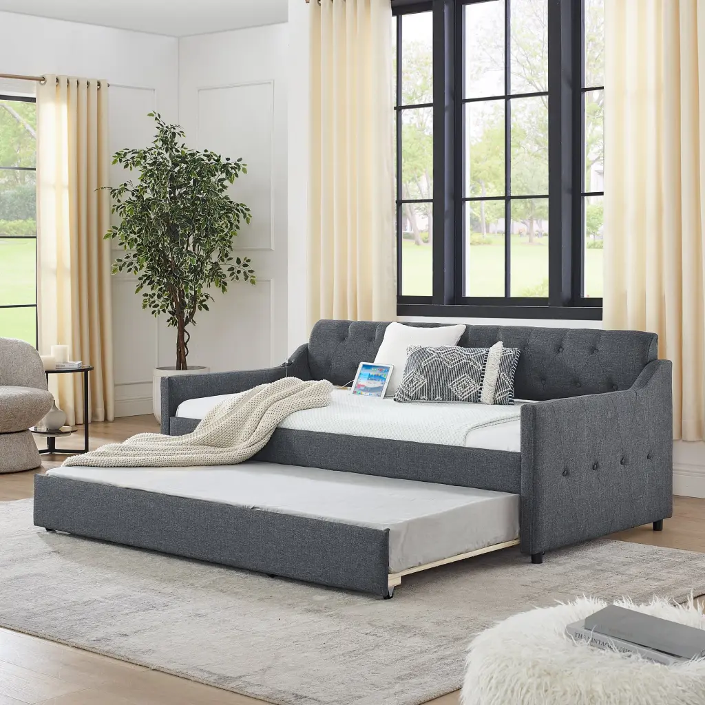 Twin Size Upholstered Daybed Twin Trundle And USB Charging Port royal star