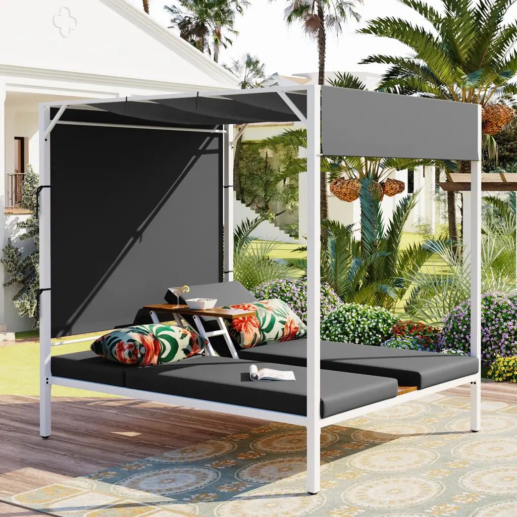 Outdoor Patio Sunbed Daybed Cushions and Customizable Grey Steel Frame u_style