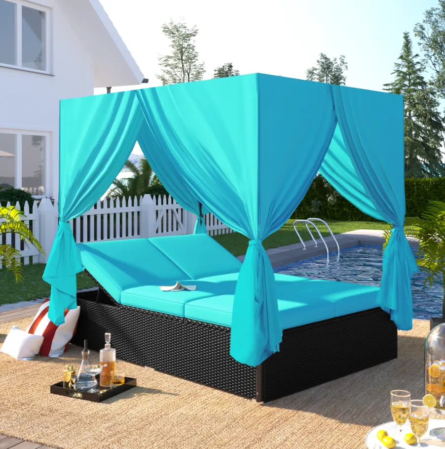 Outdoor Patio Wicker Sunbed Daybed Cushions Customizable Seats Blue Relaxation u_style
