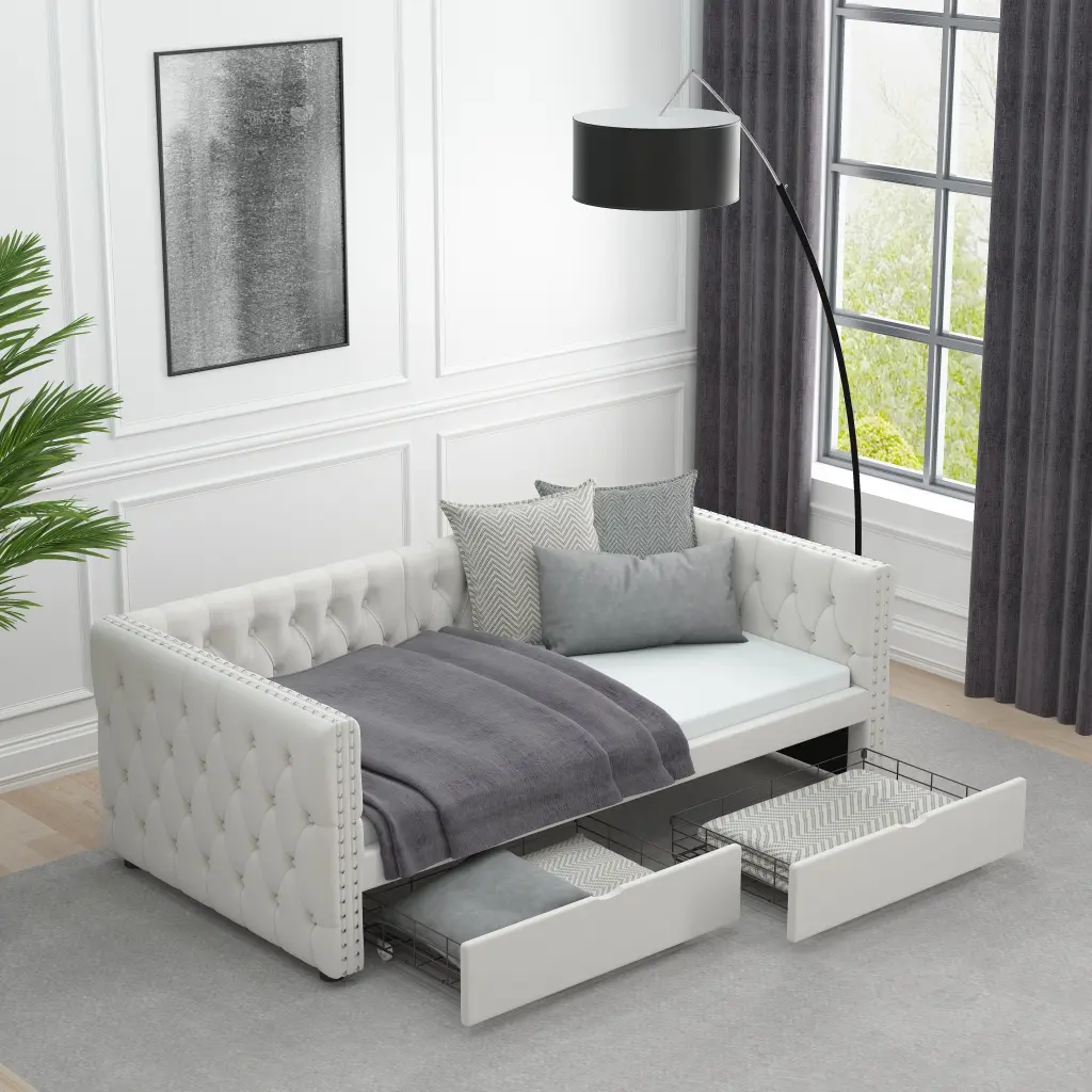 Twin Size Upholstered Daybed Drawers Tufted Sofa Bed Button Design welike furniture