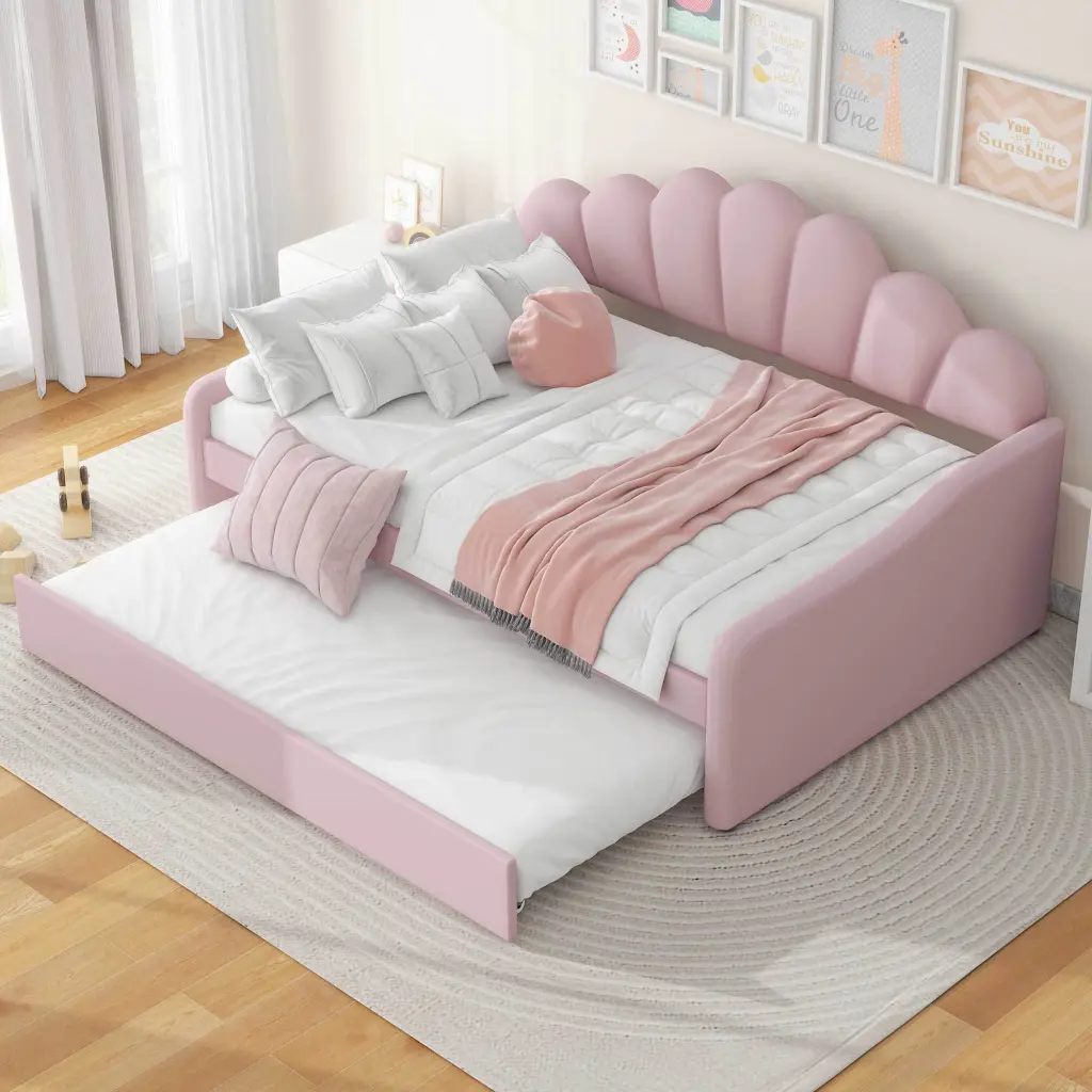 Full Dimensions Upholstery Daybed Frame Shallow Influenced Backrest and Trundle wm dreamland