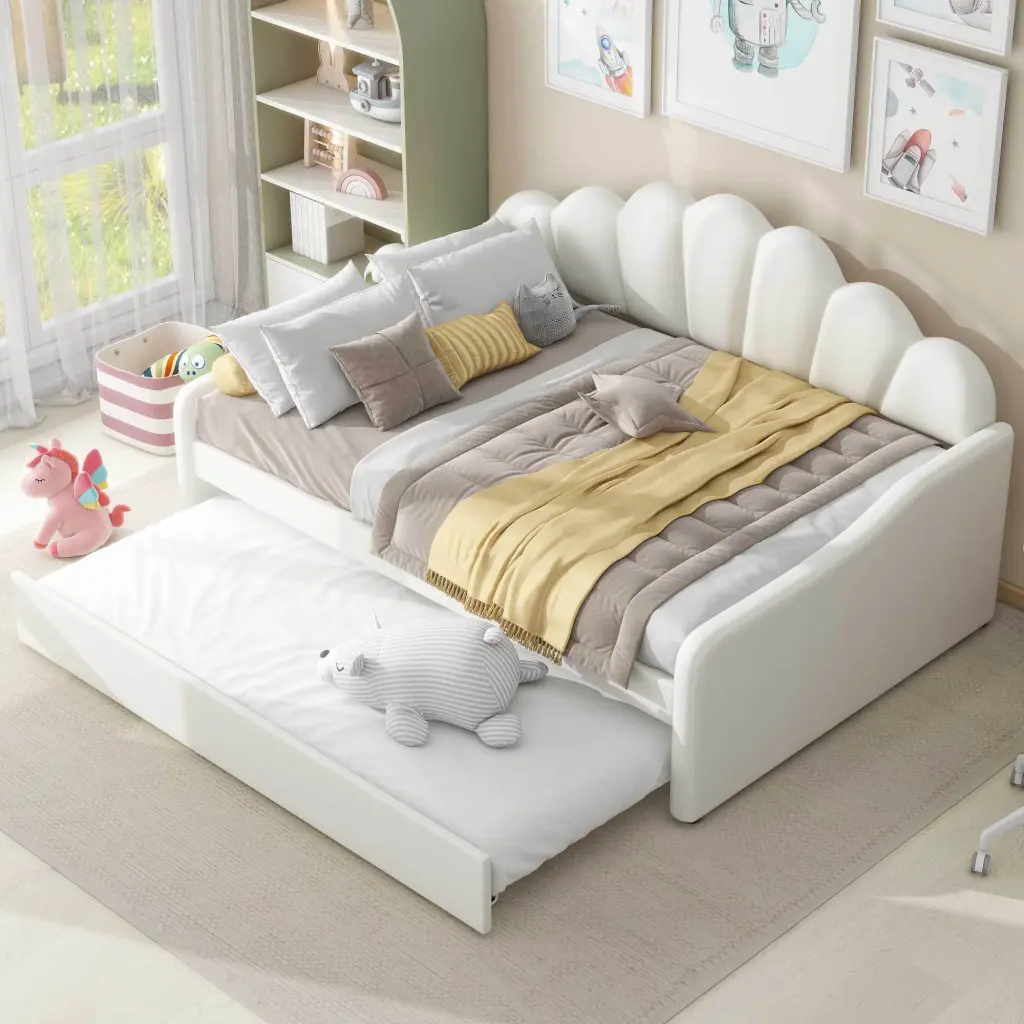 Full Dimensions Upholstery Daybed Frame Shallow Influenced Backrest and Trundle wm dreamland