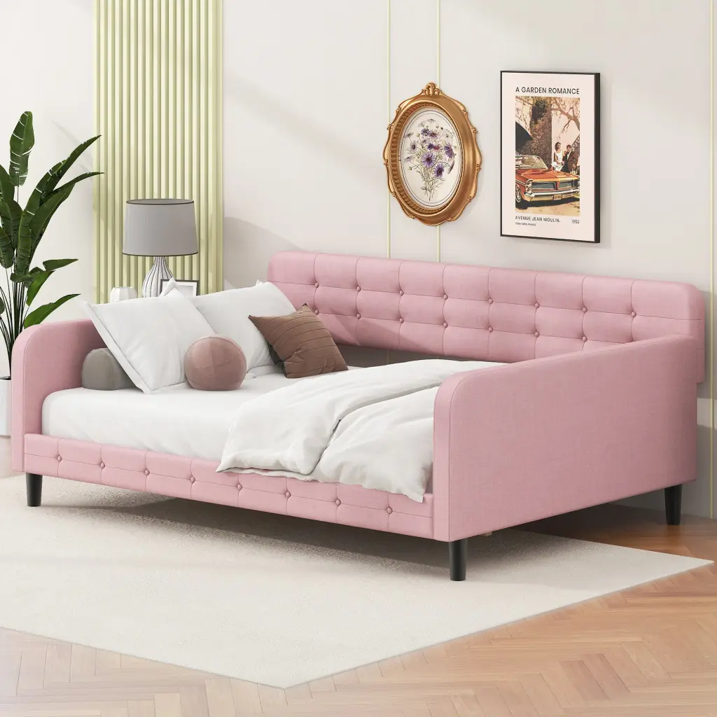 Full Size Upholstered Tufted Daybed 4 Sturdy Legs and Pink Box Spring wm dreamland