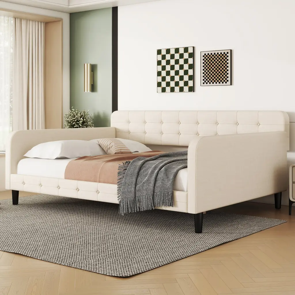 Full Size Upholstered Tufted Daybed 4 Substantial Legs Beige wm dreamland