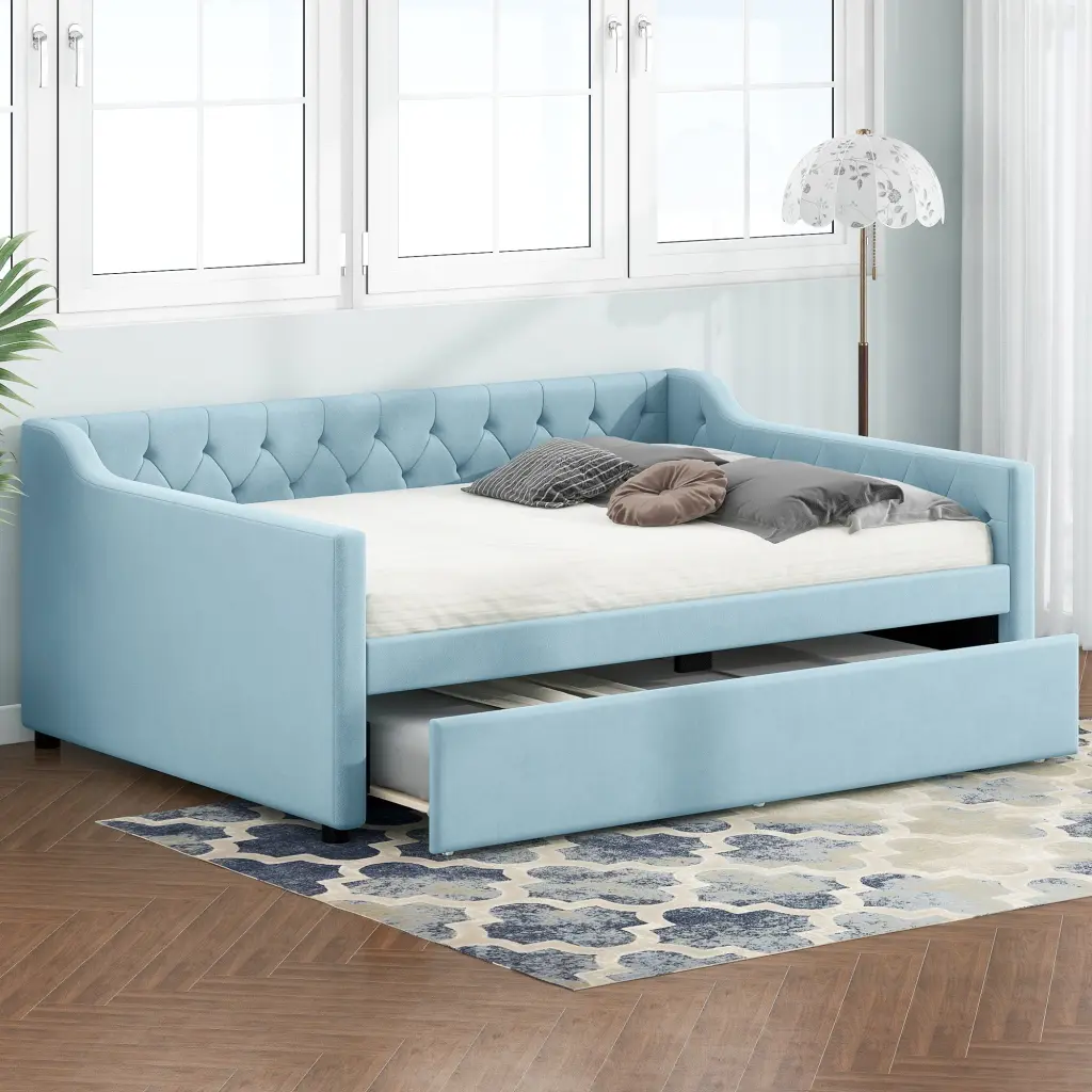 Full Size Upholstered Tufted Daybed Twin Trundle - Blue Box Stitch Design wm dreamland