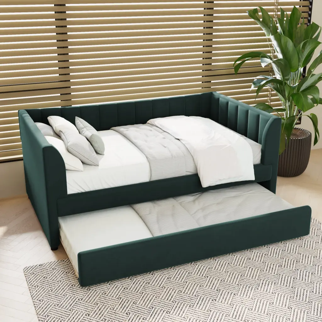 Twin Dimensions Upholstered Velvet Daybed Trundle Green Box Spring Not Included wm dreamland
