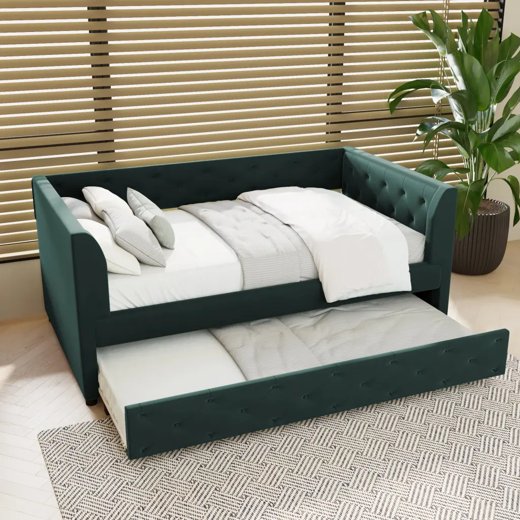 Twin Size Upholstered Velvet Tufted Daybed Trundle Green Box Spring wm dreamland