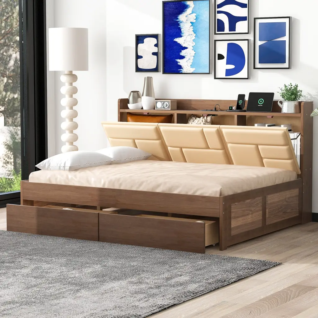 Full Dimensions Timber Daybed Upholstered Storage Shelves and USB Ports wm store