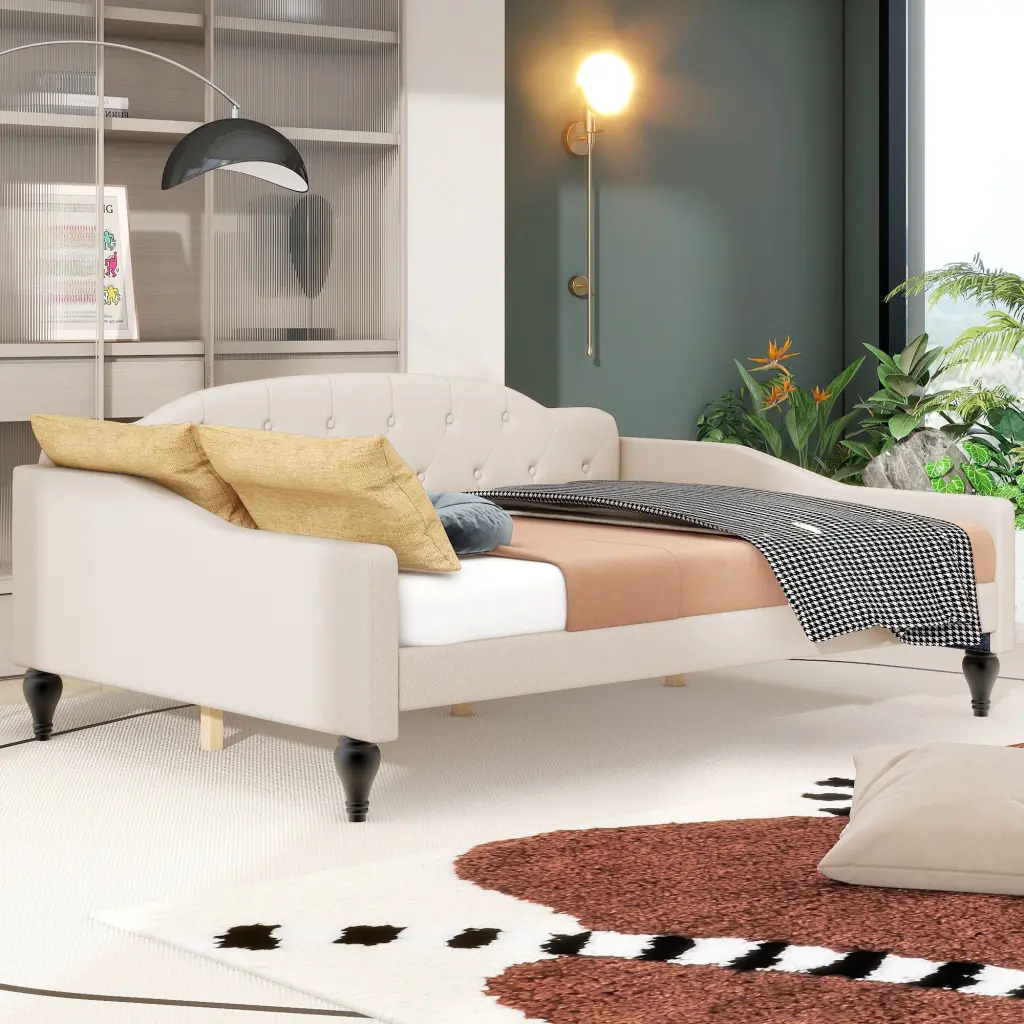 Full Dimensions Upholstered Tufted Daybed Beige Box Spring Not Required Modern Sleeper Sofa wm store