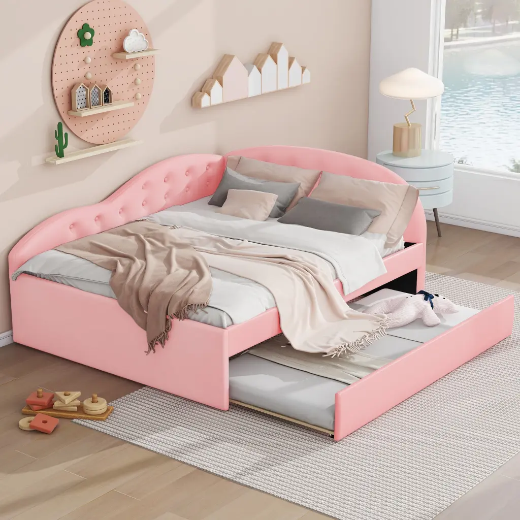 Full Dimensions PU Upholstered Tufted Daybed Trundle and Cloud Design wm store