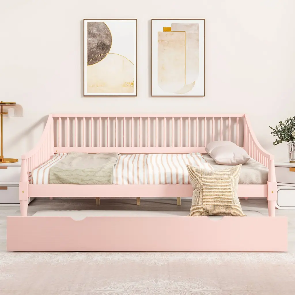Full Size Daybed Trundle And Sturdy Legs - Pink Solid Wood Modern Design wm store