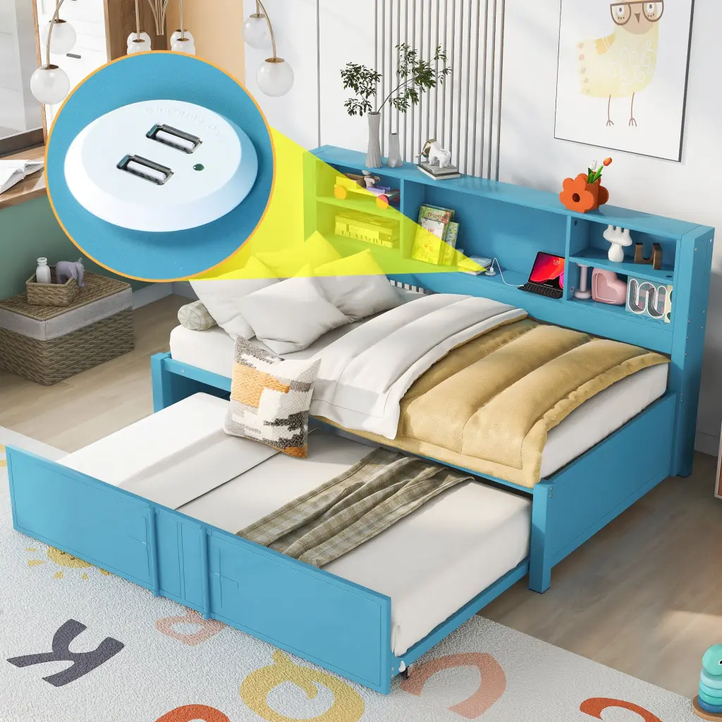 Metal Twin Daybed Twin Trundle Storage Shelves and USB Port wm store